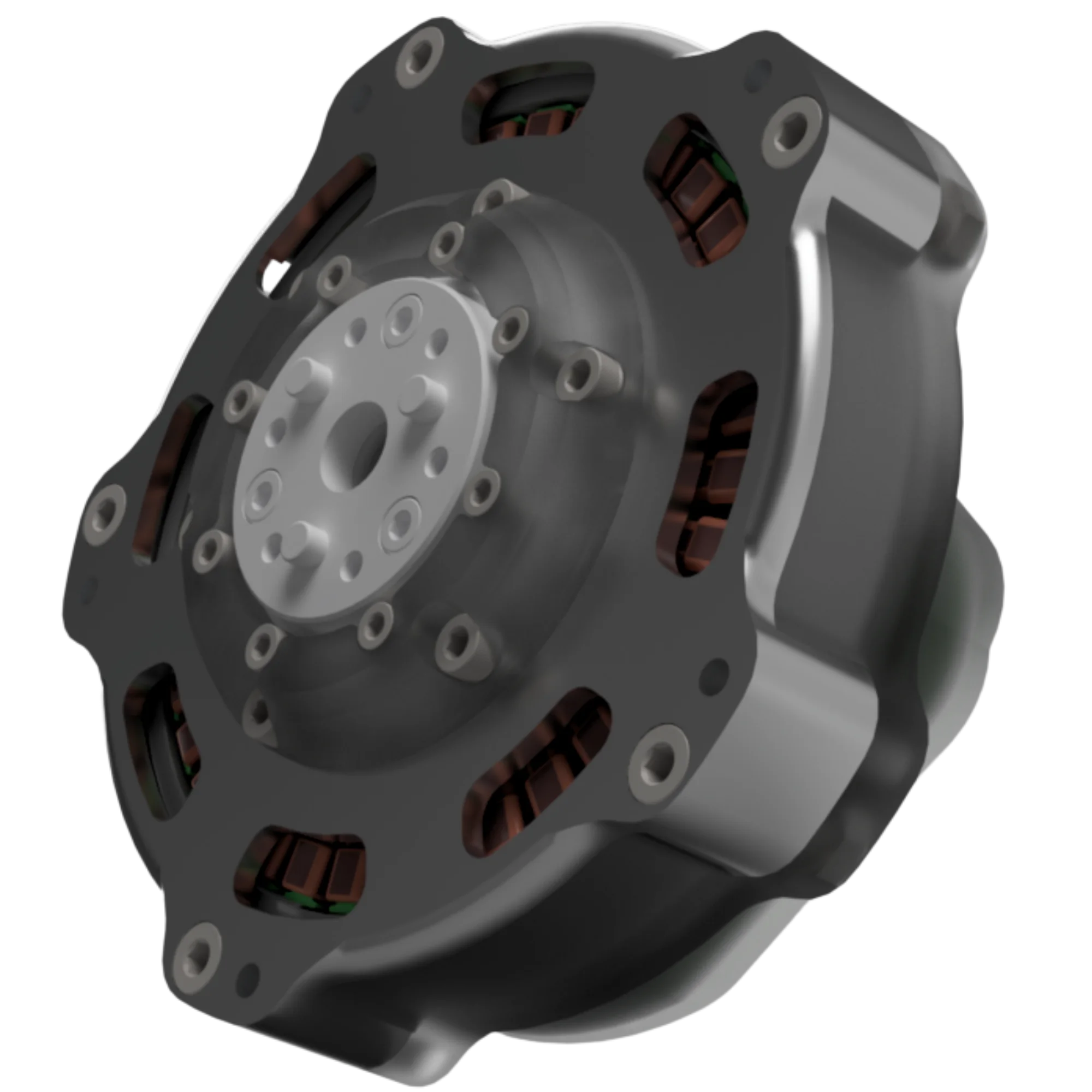 Myo-20 actuator seen from below, showing the output flange and copper windings through the housing cutouts